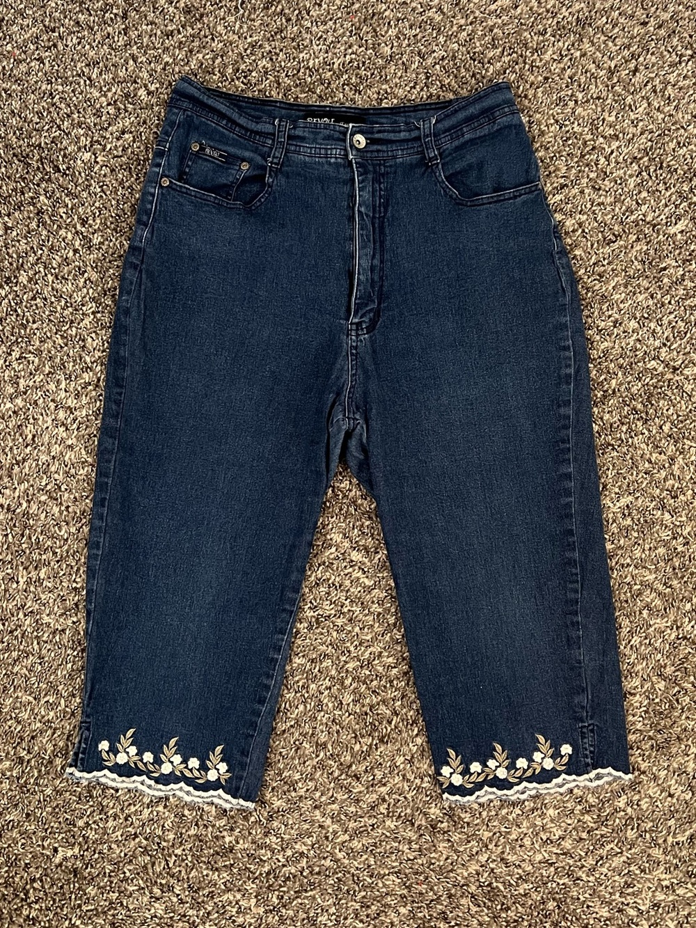 Y2K Revolt flower embroidered denim jean capris dark wash Cottagecore whimsy